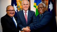 Papua New Guinea’s Prime Minister Peter O&#039;Neill, Australian Prime Minister Malcolm Turnbull and Prime Minister of the Solomon Islands Rick Houenipwela. Photo: AFP