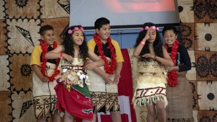 Waimataitai School pupils, from left, Victor Woodhouse, 10, Ilaivaha Finefeuiaki, 8, Jayden Savieti, 10, Temalisa Langi, 10, and Saia Langi, 9, perform at the school, on Monday, as part of Tongan Language Week celebrations.