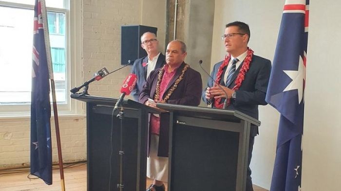 (L-R) New Zealand&#039;s Minister of State for Trade and Export Growth, Phil Twyford, Associate Minister of Foreign Affairs, Aupito William Sio and Australian Minister for International Development and the Pacific, Zed Seselja.