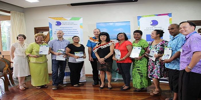 (L-R) Ms Crystal Johnston - PIFS NSA Programme Manager, Ms Emele Duituturaga - Executive Director - Pacific Islands Association of Non-Governmental Organisations, Mr Daniell Cowley - IFRC Development Programs Coordinator for Pacific Region, Ms Alisi Tuqa - Programme Officer - Pacific Islands Private Sector Organisation, Ambassador Jacobs, PIFS Deputy Secretary General Cristelle Pratt, Ms Sashil Pal - Finance Manager – FemLinkPacific, Ms Raijeli Nicole - Pacific Regional Director- Oxfam in the Pacific, Ms Tara Chetty - Executive Director - Fiji Women’s Rights Movement, Mr Katabwena Tawaka - Program Manager – Pacific Disability Forum, Mr Sai Too Go – PIFS NSA Grants Officer  