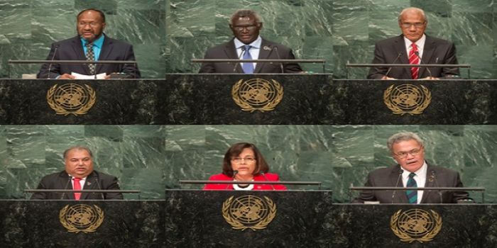 Left to right: Vanuatu Prime Minister Charlot Salwai; Solomon Islands Prime Minsister Manasseh Sogavare; Tonga Prime Minister &#039;Akilisi Pohiva; Nauru President Baron Waqa; Marshall Islands President Hilda Heine; Tuvalu Prime Minister Enele Sopoaga Photo: UN Photo