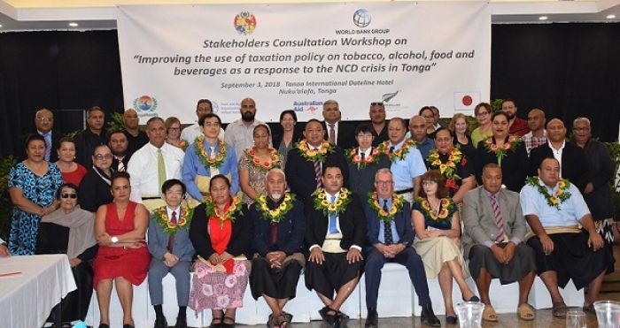 Acting Minister for Finance and National Planning &amp; Minister for Revenue and Customs, Hon. Mateni Tapueluelu with the participating members of the one-day stakeholders consultation workshop, Tanoa International Hotel