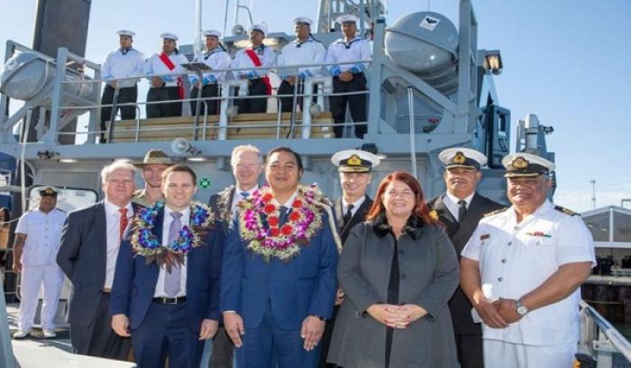 HRH Prince Tupou To&#039;a and officials on the quarterdeck of the third Guardian Patrol Boat, Ngahau Koula, after the handover ceremony at Austal Shipyards