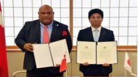 Mr. Kazuyuki Nakane, State Minister for Foreign Affairs of Japan with Hon. Semisi Kioa Lafu Sika, Deputy Prime Minister and Minister for Infrastructure and Tourism of the Kingdom of Tonga signed the exchange of notes for Japan&#039;s General Grant Aid for the Project for &quot;Nationwide Early Warning System (NEWS) and Strengthening Disaster Communications&quot; for Tonga on Wednesday, May 16 in Tokyo, Japan.