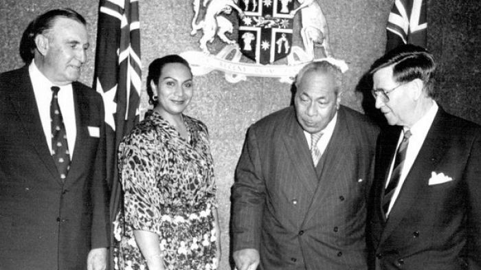 Bill Waterhouse (left) is seen here in a 1988 picture with Tonga's late King Taufa'ahau Tupou IV (second from right)