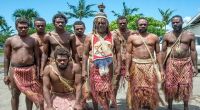 The group jailed for contempt: Chief Viraleo Boborenvanua and eight men from Pentecost dressed in traditional garb. Photo: Dan McGarry / Vanuatu Daily Post