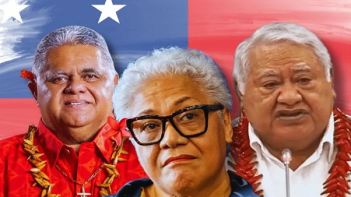 Left to right: FAST Party chairman La'auli Leuatea Schmidt, Prime Minister Fiame Naomi Mata'afa, opposition leader Tuilaepa Sa'ilele Malielegaoi