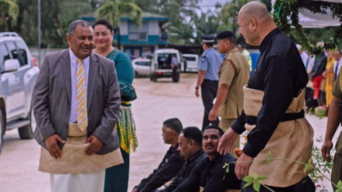 Elder &#039;Inoke Kupu, Area Seventy, greets King Tupou VI at the groundbreaking ceremony for a new temple in Neiafu on the island of Vava&#039;u, Tonga on 11 September 2021.