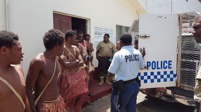 Men from Pentecost taken to jail for contempt of court after wearing traditional attire in the Supreme Court. Photo: Dan McGarry / Vanuatu Daily Post