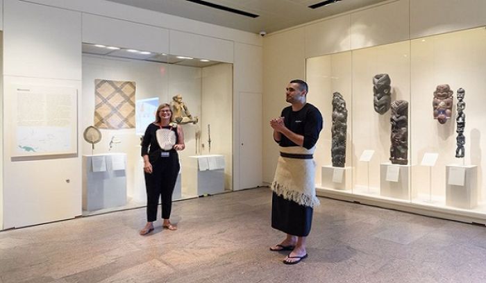 Curator Maia Nuku with artist Benjamin Work during the event “Met Fridays: Artists Choice,” September 9, 2016. Courtesy the Metropolitan Museum of Art, New York.