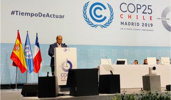 The Prime Minister of Tonga, Dr the Honourable Pohiva Tu’i’onetoa, delivering Tonga’s Statement the COP25 in Madrid Spain.  	