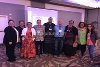 From left to right: Some of the Moana/Pacific presenters and participants Dr Patricia Fifita, Dr Tania Wendt-Samu, Matnginifale Dr Nuhisifa Seve-Williams, Fepulea&#039;i Dr Miach Van der Rhyn, Maui-Tava-He-Ako Professor Tevita O. Ka&#039;ili, Brian Kafakafa Dawson, Hufanga Professor &#039;Okusitino Mahina, Kula-he-Fonua Professor Pingi Ann-Addo (co-presenting with a Hawai&#039;ian PhD scholar standing next).