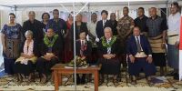 Japan’s Ambassador to Tonga His Excellency Mr Tetsuya Ishii, Rev. Dr. &#039;Ahio President of Free Wesleyan Church, Minister of MEIDECC Hon. Poasi, CEO of Tourism Sione Moala Mafi and guests who attended the official handover at NEMO Wharehouse at Vaololoa