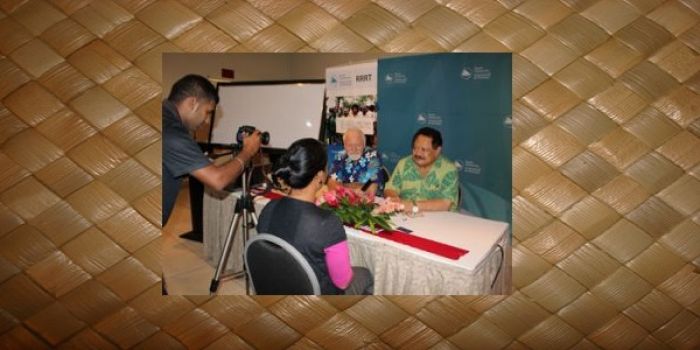 AUT’s Pacific Media Centre director Professor David Robie (left) and Tongan publisher, broadcaster and communications adviser Kalafi Moala at the Nadi human rights forum. Image: Jilda Shem/RRRT