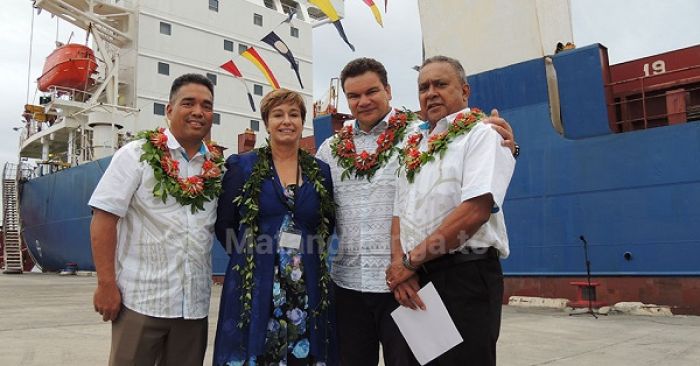 L-R  Vic Angoco (Matson Vice President), Sue Gardine (Kingdom Shipping Ltd), Michael Jones (Matson Strategic Development Manager), and Gerry Elbourne, Queen Salote Wharf, Nuku’alofa, 23 August 2016. (Photo: Caroline Manu Moli/Matangitonga)