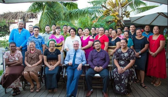 A picture taken last year of scholarship recipients who are now taking up their studies in Australia and the Pacific. Also pictured is DFAT Officers including Australian High Commissioner H.E. Andrew Ford, Deputy High Commissioner Rhona McPhee, Scholarships Program Manager Asi Vanisi and Runte Likiafu in the front row.