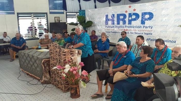 Samoa&#039;s outgoing prime minister Tuilaepa Sailele Malielegaoi supporting HRPP members.