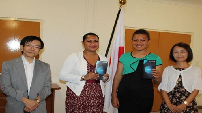 H.E Mr. Tetsuya Ishii, Ambassador of Japan to Tonga and Mrs. Akiko Ishii presented the 2018 MEXT awardees Ms. Na’ati Fakatava and Ms. Noa Latu with their air tickets to Japan, at the reception on Wednesday, 14 March 2018.