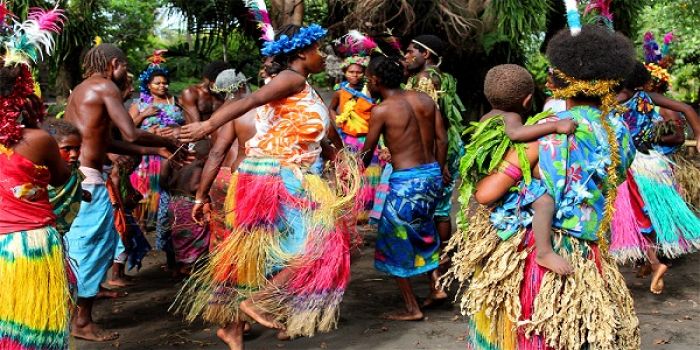 Friends and family of Enima Village in Vanuatu gather in a display of traditional custom dance. Photo: Australian Geographic Outdoor 