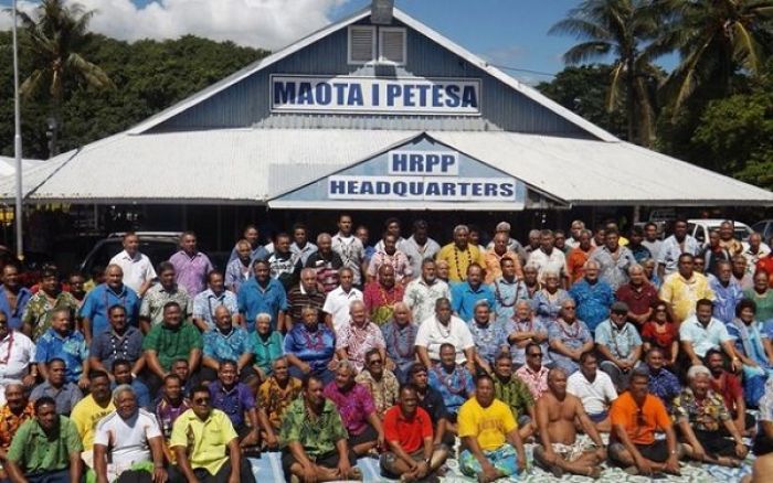 The elected members of Samoa&#039;s Human Rights Protection Party with supporters outside the party&#039;s headquarters on Saturday. Photo: RNZI / Autagavaia Tipi Autagavaia