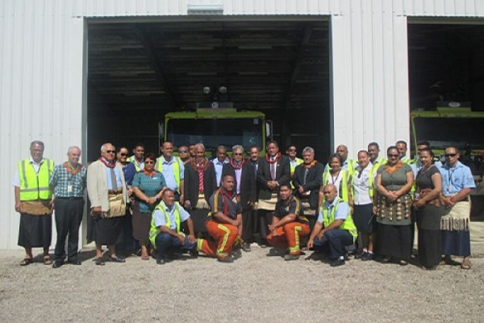 Prime Minister of Tonga, Hon. &#039;Akilisi Pohiva, Minister for Public Enterprises, Hon. Poasi Tei with the staff of Tonga Airports 