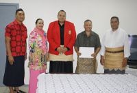 Deputy Prime Minister and Minister for MEIDECC, Hon. Siaosi Sovaleni with Mr. Paula Ma&#039;u (CEO for MEIDECC) and the two new operators, Mr. Paula Ma&#039;u and Mrs. Jessie Prema